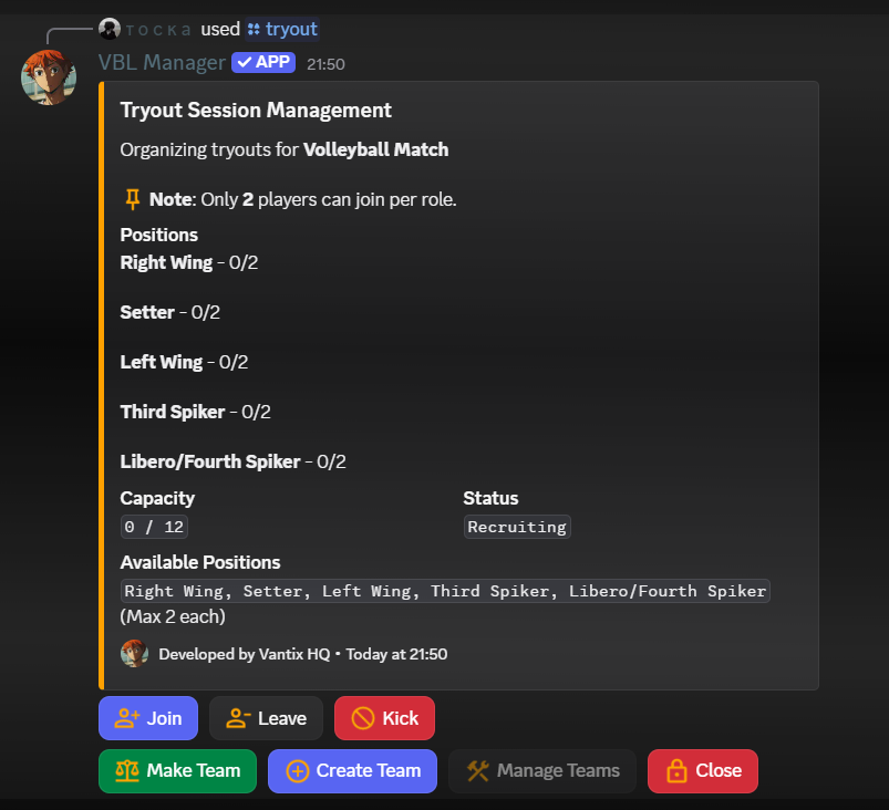 VBL Manager Tryout Session Management Embed